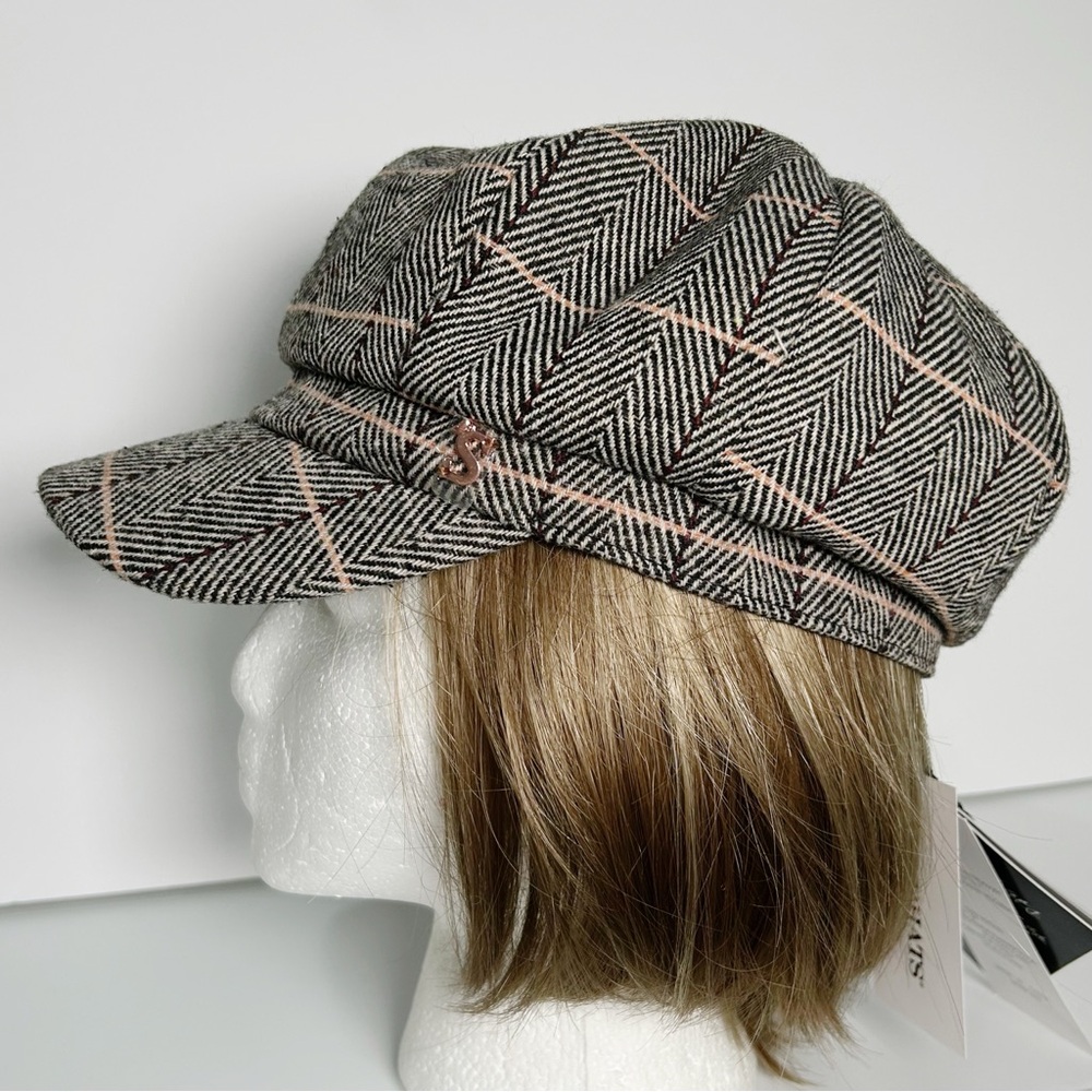 Comhats Herringbone Plaid Newsboy Cap Adjustable Size Black Gray Tan NEW